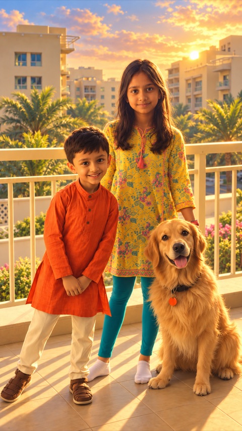 Teddy, a golden retriever, sitting with two children on a balcony at sunset